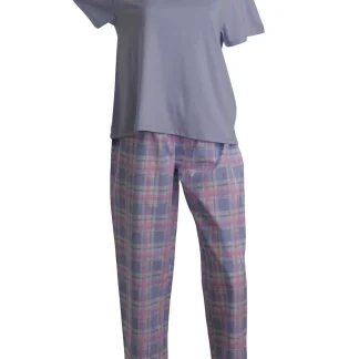 Slenderella Plain & Tartan Short Sleeved Jersey Pyjamas PJ1232