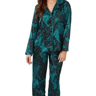 Indigo Sky Satin Hot Cheetah Print Revere Collar Pyjama Set